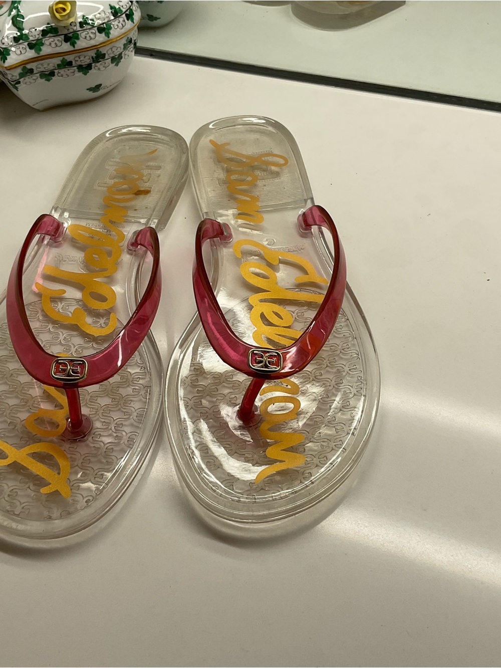Sam Edelman ‘Dean’ Clear Jelly Flip Flops with Pink Straps and Gold Logo